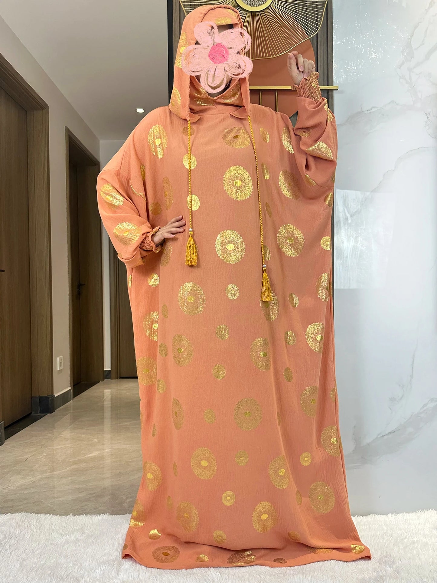 Women's Cotton Embroidered Abaya Kaftan – Gold Dust Shimmer, Loose Fit, All-Season Muslim Dress