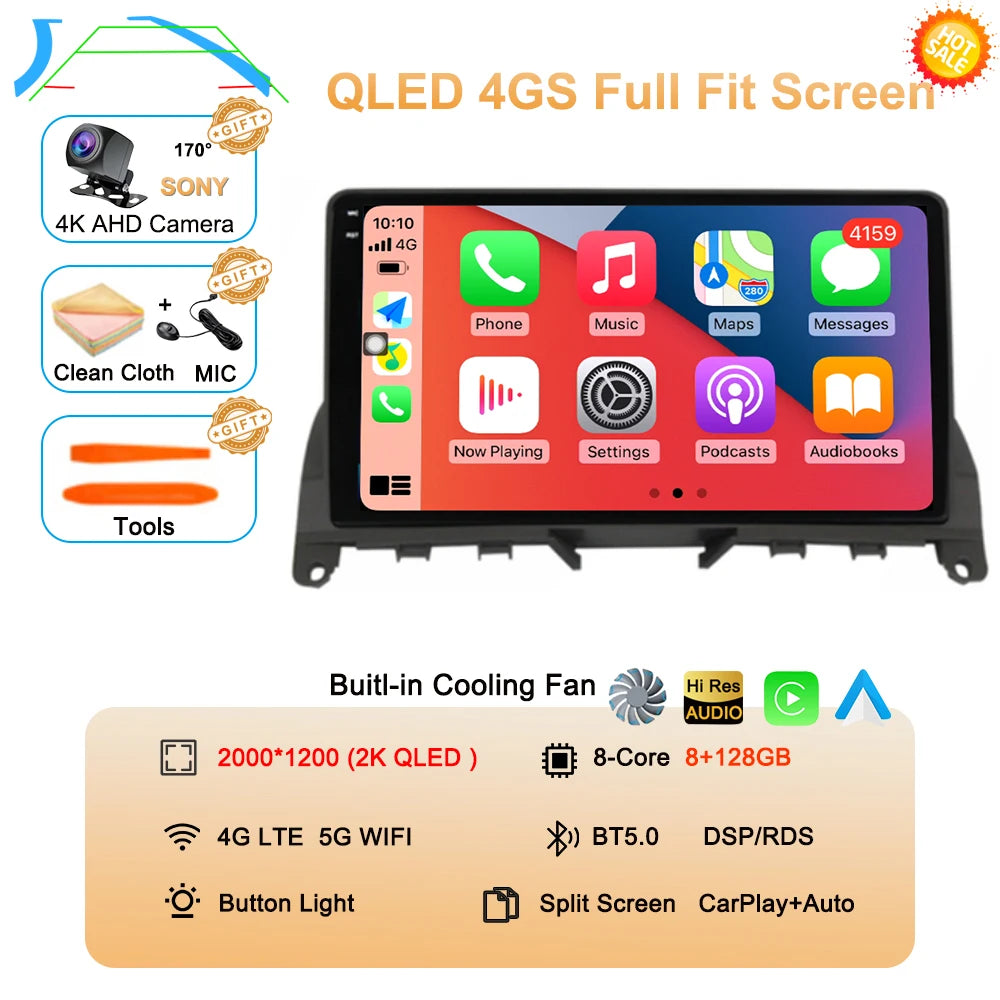 Car Stereo with Apple CarPlay & Android Auto, Compatible with Mercedes-Benz C-Class W204 S204 (C180 C220)