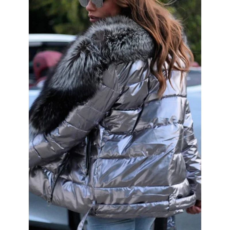 Women's Glossy Short Puffer Jacket - Large Collar Winter Coat - photo 5