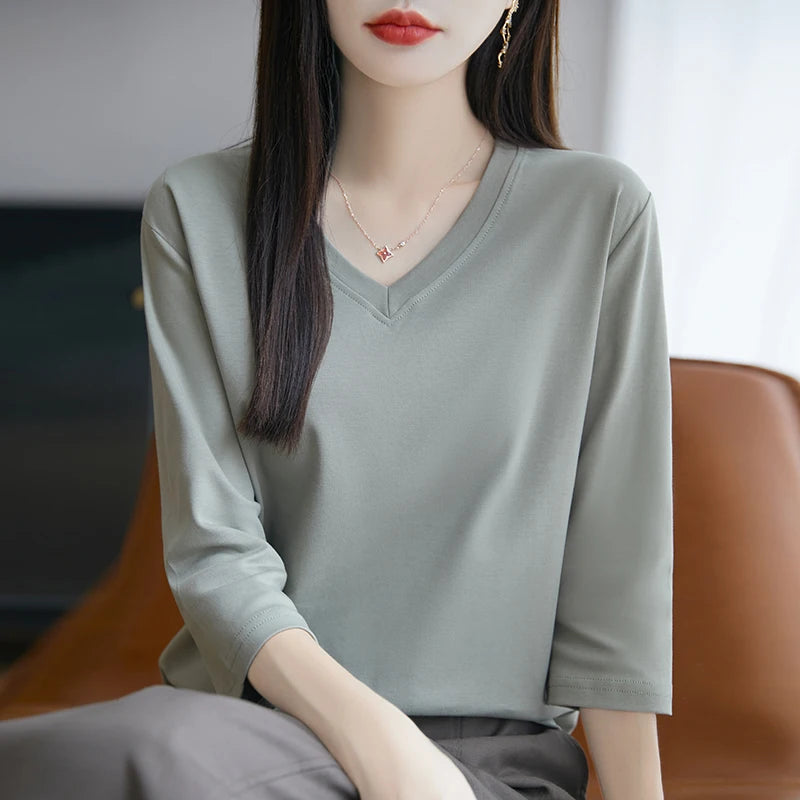 Spring And Summer New Cotton V-neck T-shirt Short-Sleeved Women's Half-Sleeve Bottoming Shirt High-End Cropped Sleeve Top
