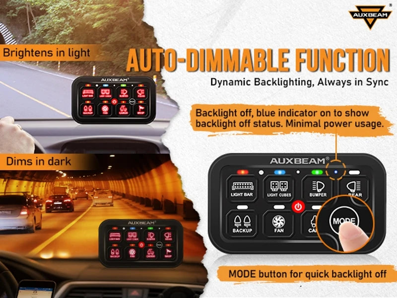 Auxbeam RGB 8 Gang Switch Panel Toggle/Momentary/Pulsed Supported Without App Control (One-Sided Outlet/Two-Sided Outlet)