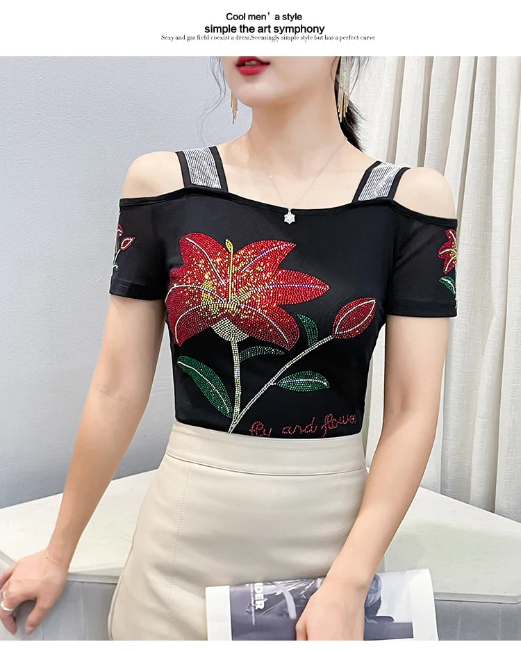 Women's Off-Shoulder Rhinestone Mesh Top
