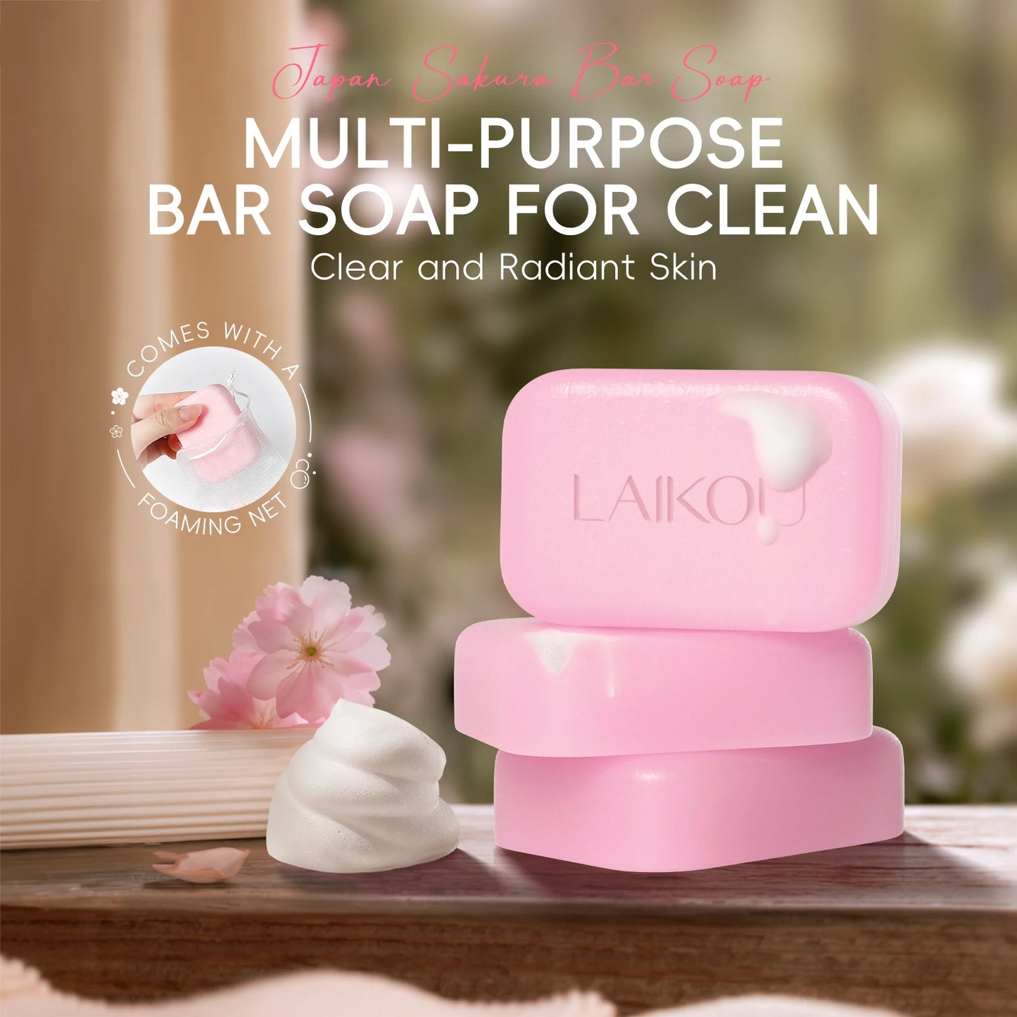 LAIKOU Japan Sakura Bar Soap 5pcs Deep Cleansing Soften Skin Even Tone 90g