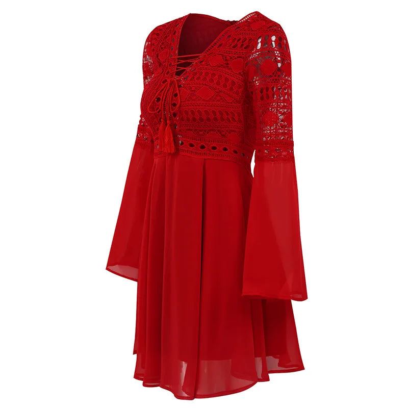 Women's A-Line Ruffle Chiffon Mini Dress — Long-Sleeve V-Neck Dress