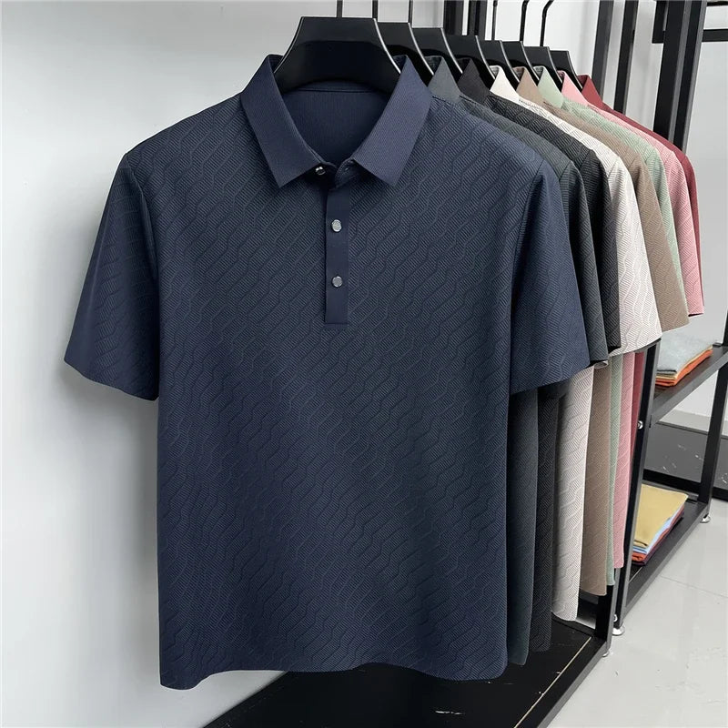 Men's Hollow-Mesh Polo - Wave Pattern, Slim Elastic Business Fit