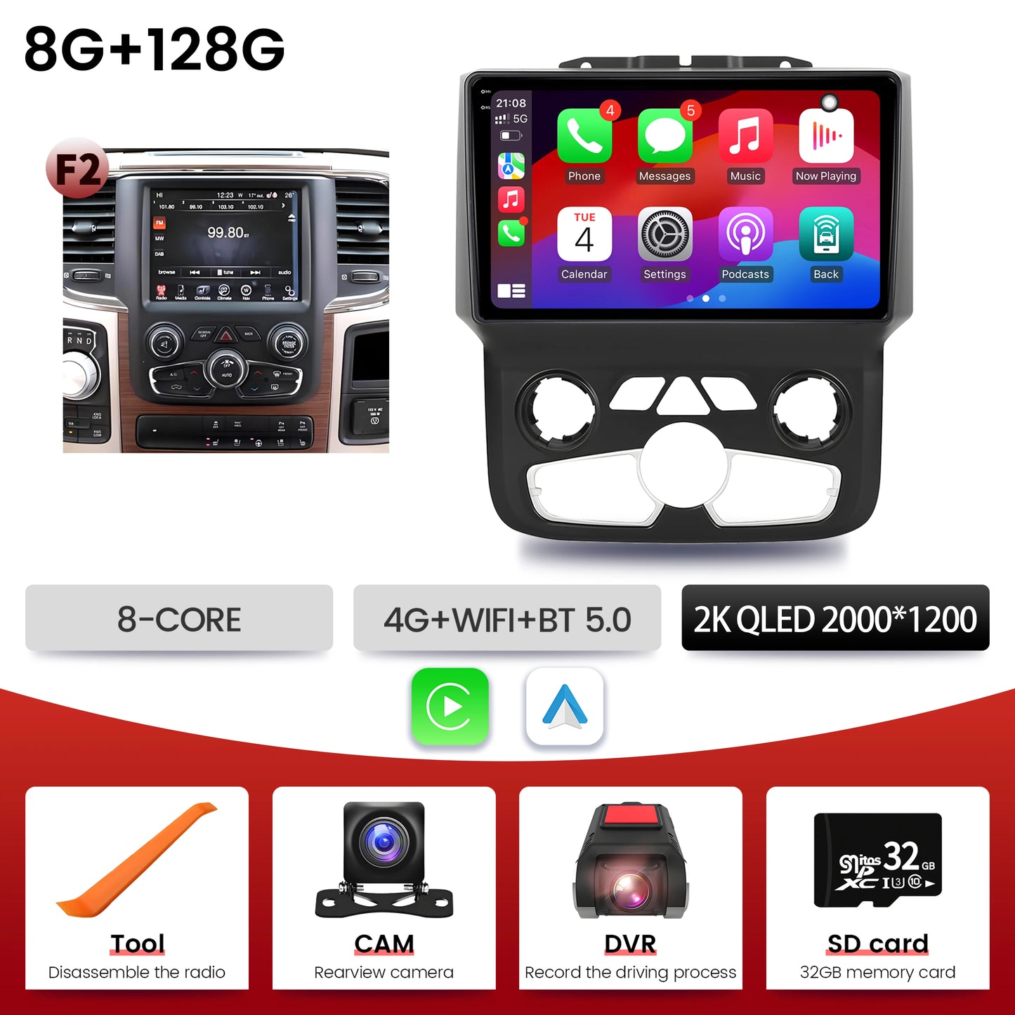 9"  Car Radio For Dodge RAM 1500 2500 2013-2019 Android 16 Wireless BT Carplay Multimedia Navigation Touch 2K QLED Screen