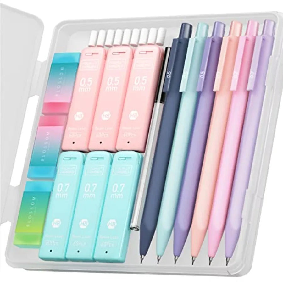 Cute Mechanical Pencil Set, 6PCS Pastel Mechanical Pencils 0.5 and 0.7mm with 360PCS HB Leads, 3PCS Erasers and 9PCS Eraser Ref