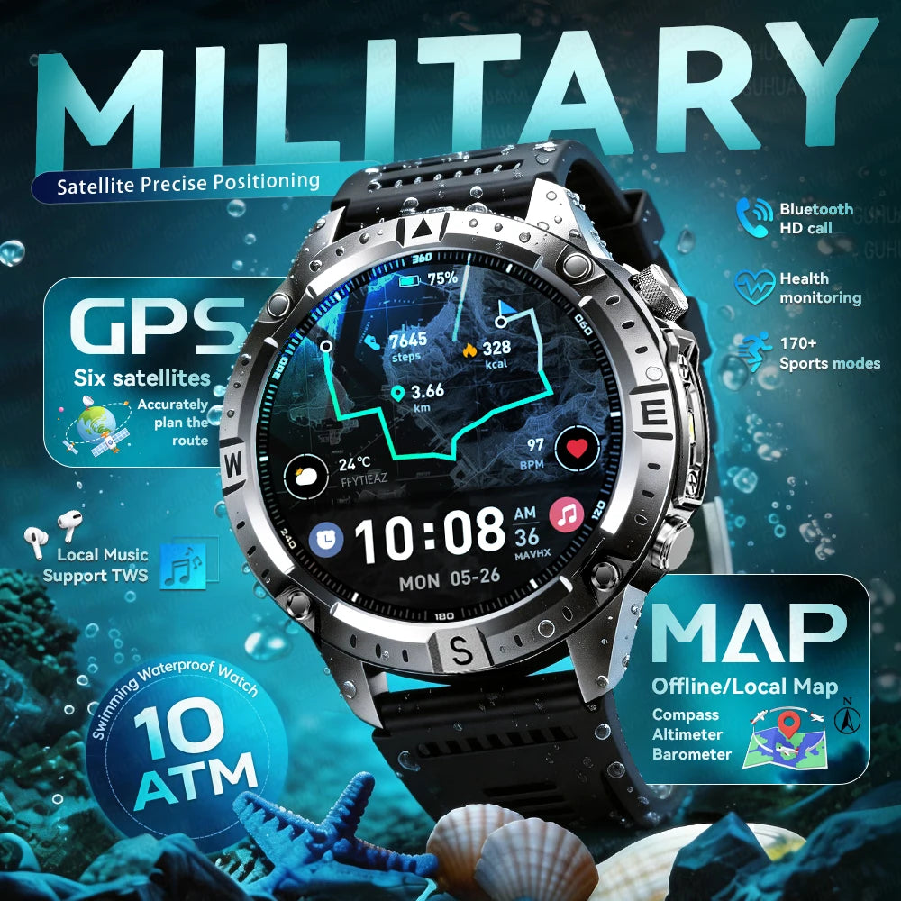 Military-Style GPS Smart Watch — Offline Maps, 10ATM, 2GB RAM