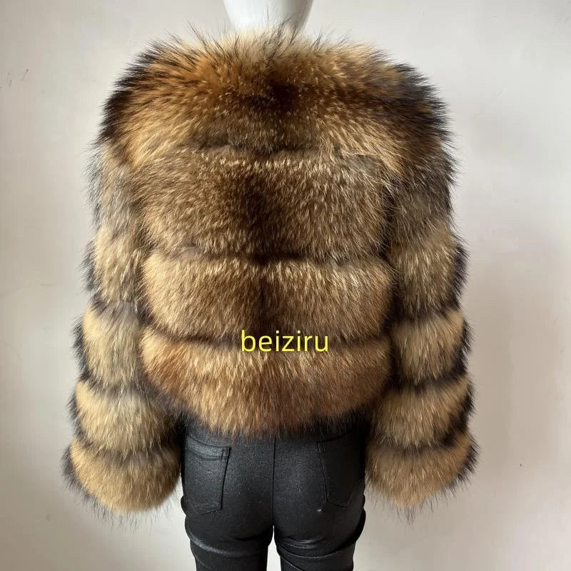Women's Hooded Raccoon Fur Coat, Turn-Down Collar