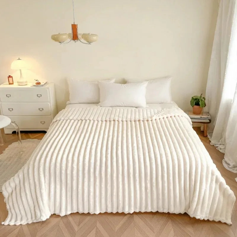 Striped Fluffy Blanket for Bed, 250 GSM Warm Throw