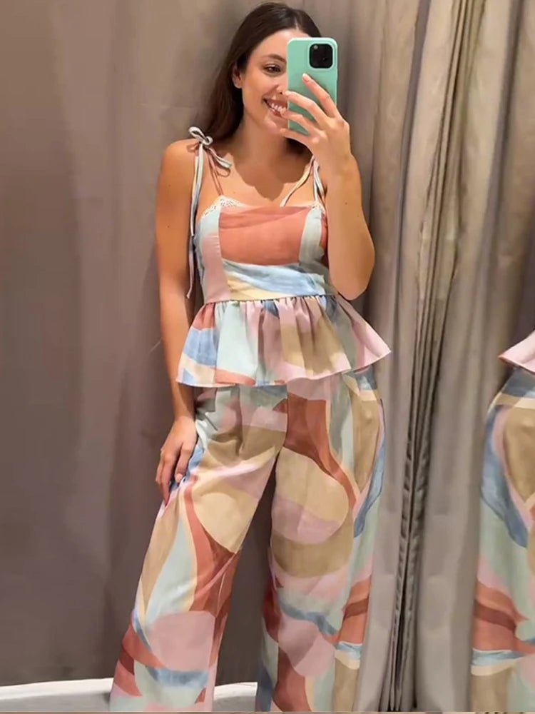 Pastel Cami & Wide-Leg Pants Set — Ruffle 2-Piece Outfit