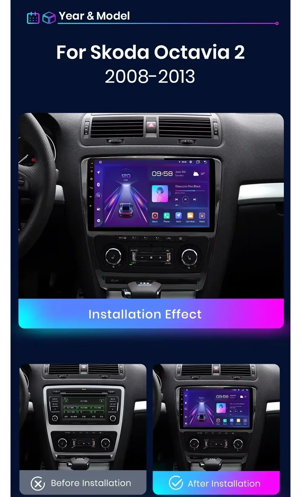 Car Stereo with Apple CarPlay & Android Auto, Compatible with Skoda Octavia 2 A5