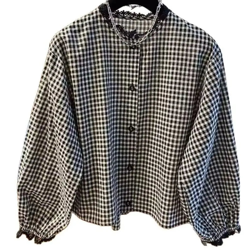 French Style Round Neck Plaid Shirt Retro Long Sleeve Women Shirts Versatile Gentle Women Blouse