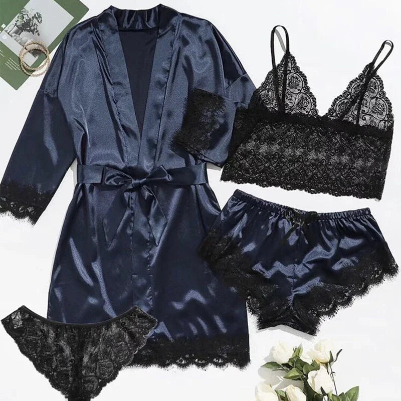 Women's 4-Piece Lace Camisole Pajama Set – Sexy Lingerie Nightgown, Shorts, Robe & Leisurewear | S–XXL (7 Colors)