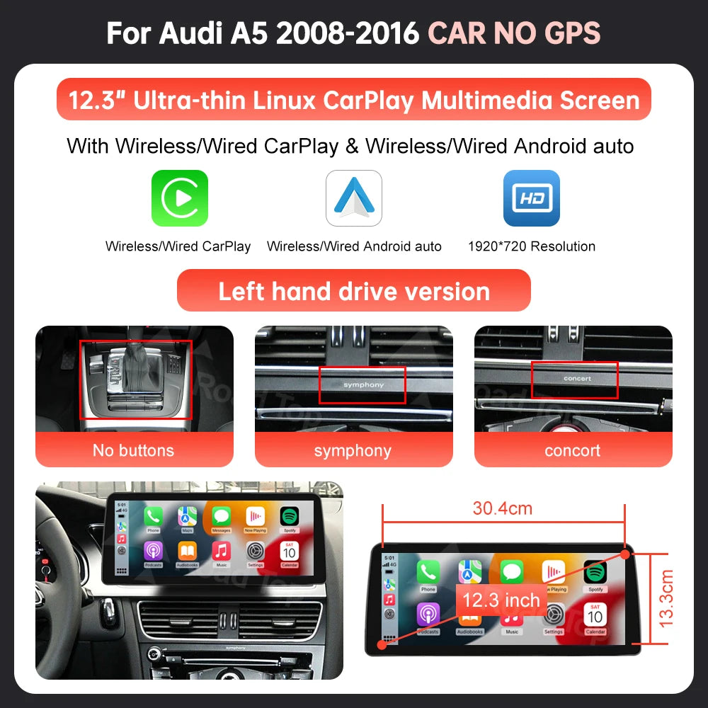 8.9'' 12.3" Car Multimedia Display Linux Screen For Audi A5 S5 2008-2016 With Wireless Carplay Android Auto Airplay Autolink