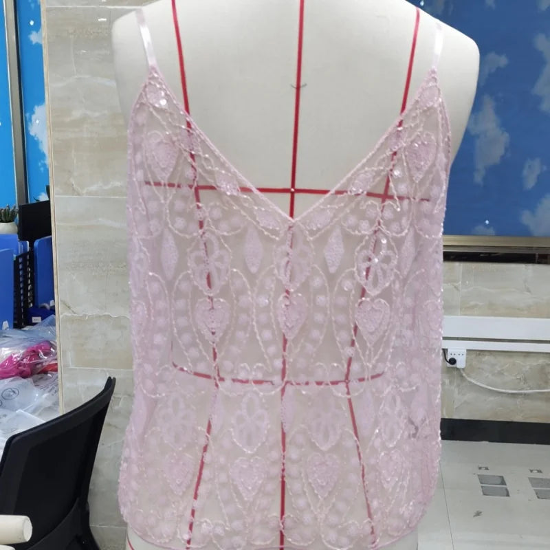 Women's Hot Sweet Sequin Bead Crop Tops Sexy Sling Slim Fit Short V-neck Straight Tank Top Korean Fashion Y2k Clothing