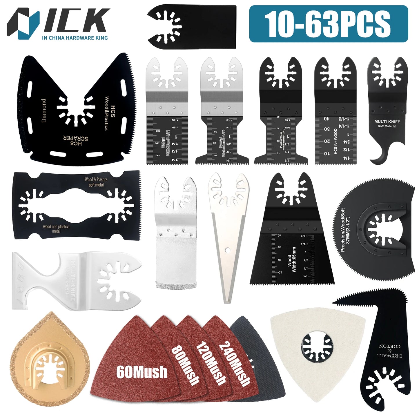 Oscillating Tool Blade Set 10-63PCS – Multi Tool Blades Kit for Wood, Metal, Plastic, Sanding & Scraping