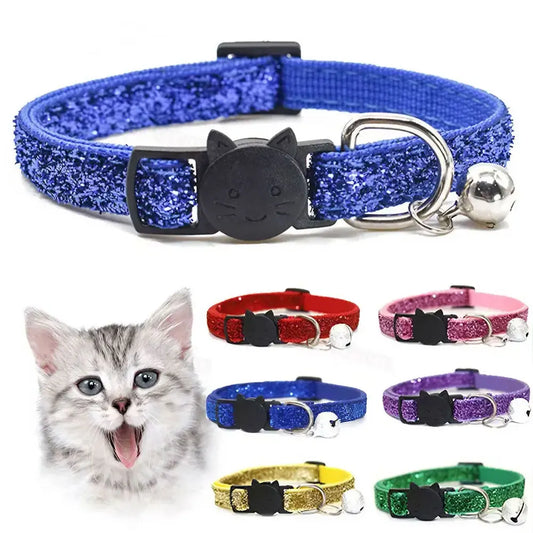 Glitter Velvet Cat Collar with Bell - Cat Face Safety Buckle