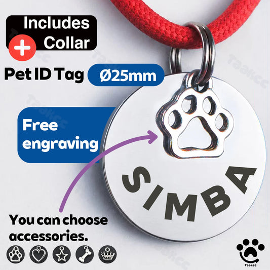 Round Stainless Steel Pet ID Tag - 25 mm with Collar Cord