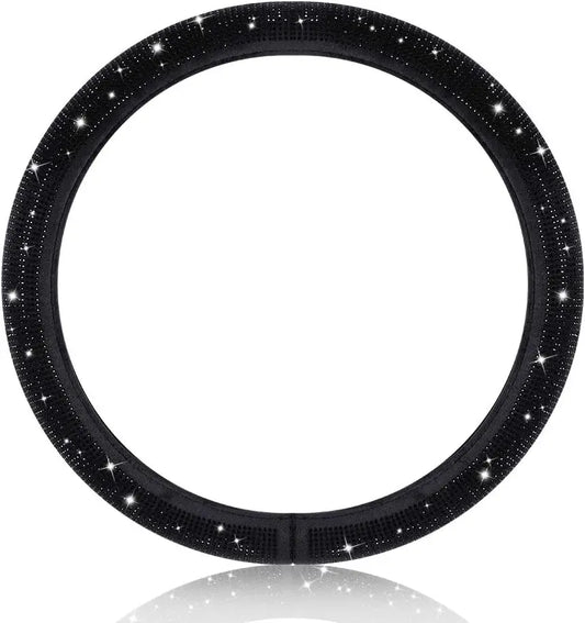 Universal Steering Wheel Cover with Black Crystal Rhinestones Car Breathable Anti-Slip Wheel Protector Fit 14.2-15 inch