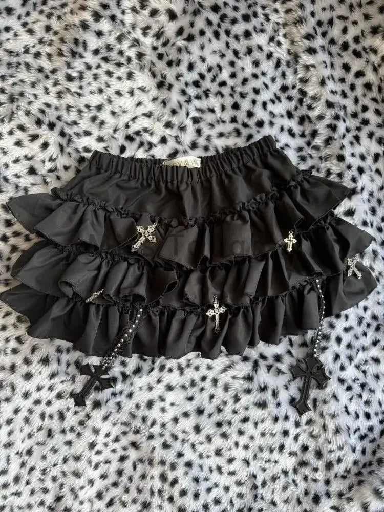 ZHUOFU Gothic Y2K Punk Mini Skirt – Elastic Waist A-Line Cross Short Skirt | Aesthetic Hot Girl Streetwear | S/M/L | 5 Colors