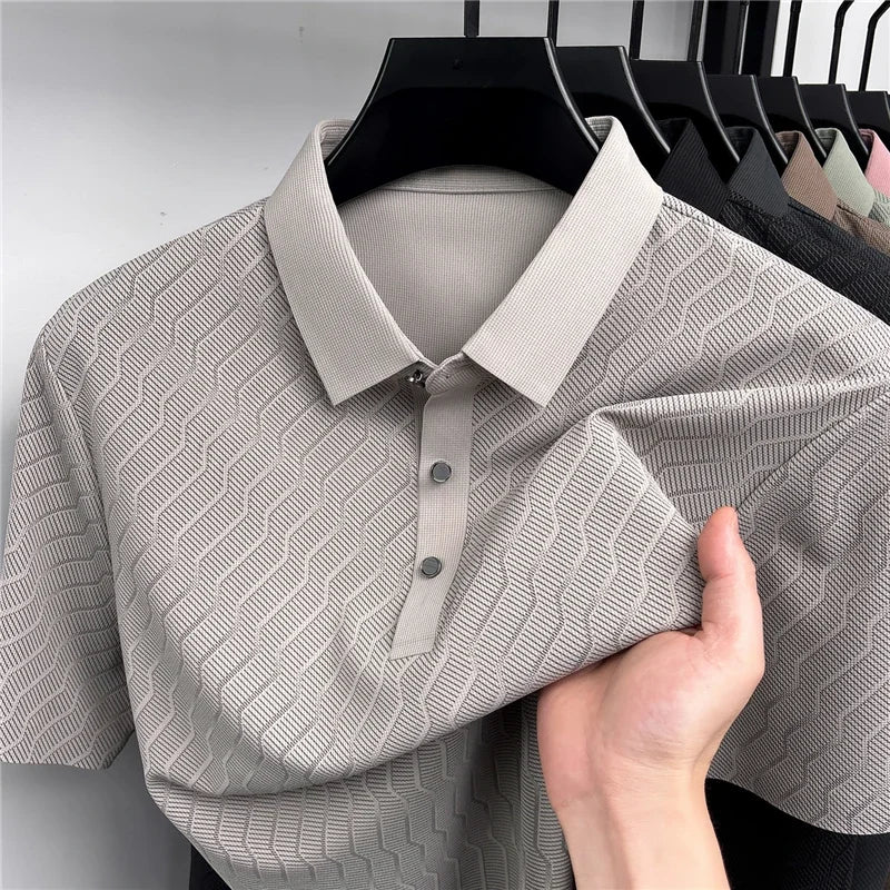 Men's Hollow-Mesh Polo - Wave Pattern, Slim Elastic Business Fit