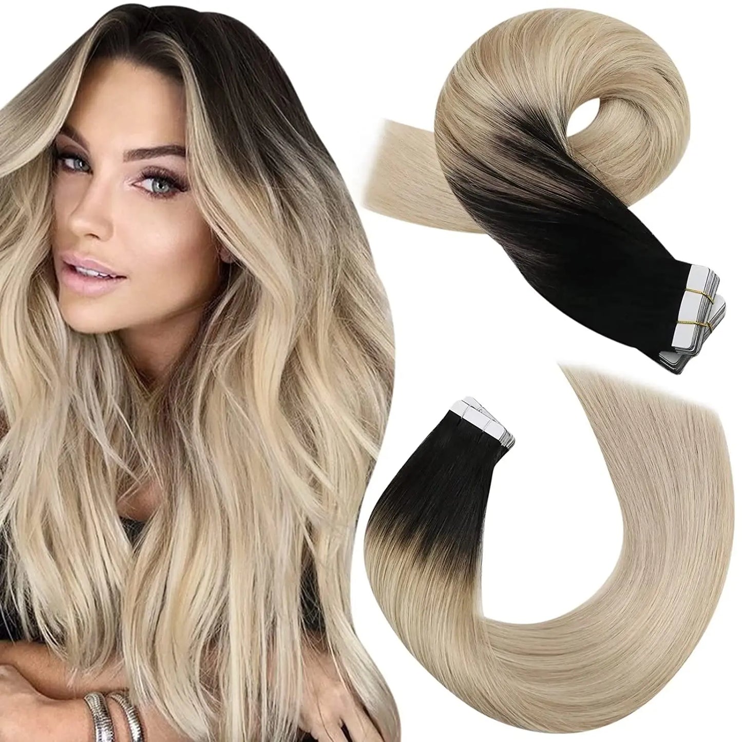 Moresoo Tape in Human Hair Extensions Balayage Blonde Hair Remy Hair Natural Soft Skin Weft Straight Seamless Hair Tape in Hair