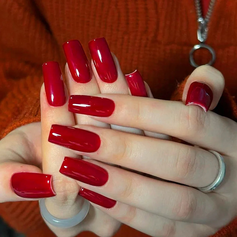 Red Stiletto False Nails Tips Almond Press on Nail French Tip Solid Color Fake Nails for Women New Year Party DIY Manicure 24Pcs