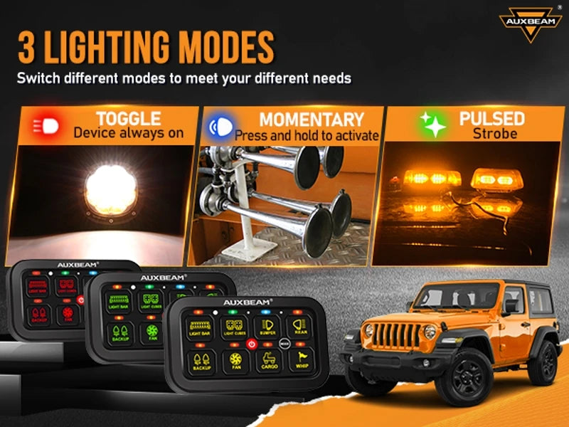 Auxbeam RGB 8 Gang Switch Panel Toggle/Momentary/Pulsed Supported Without App Control (One-Sided Outlet/Two-Sided Outlet)