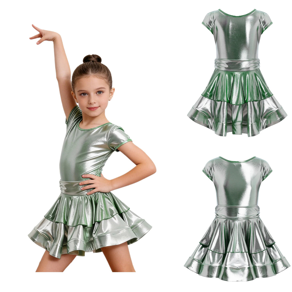 Girls cap-sleeve tiered metallic Latin dress