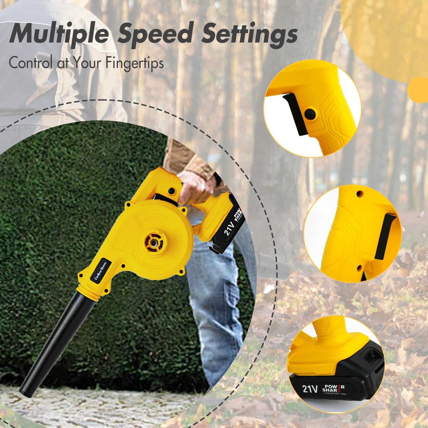 21V Cordless Leaf Blower — 2-in-1 Battery Blower for Lawn & Dust