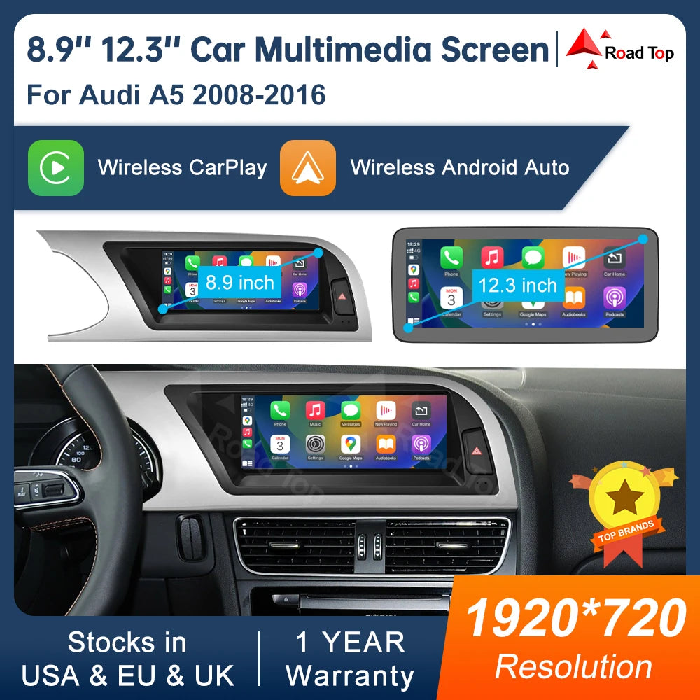 8.9 Inch 12.3"" Multimedia Display Touch Screen For Audi A5 S5 2008-2016 Airplay Miracast Function Wireless Carplay Android Auto