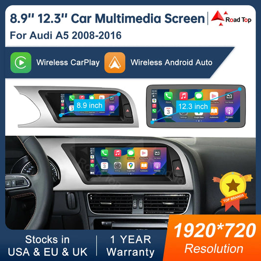 8.9" / 12.3" Wireless CarPlay & Android Auto Display Screen, Compatible with Audi A5 S5