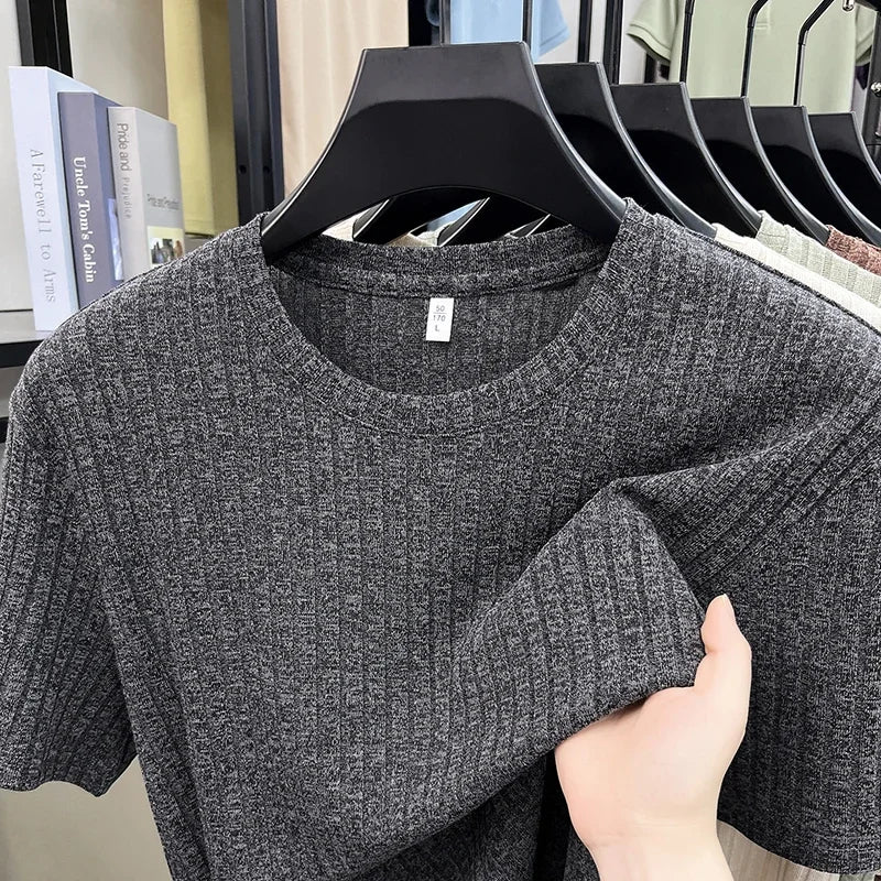 Men's Ribbed Knit Tee - O-Neck Stripe, Lightweight Breathable