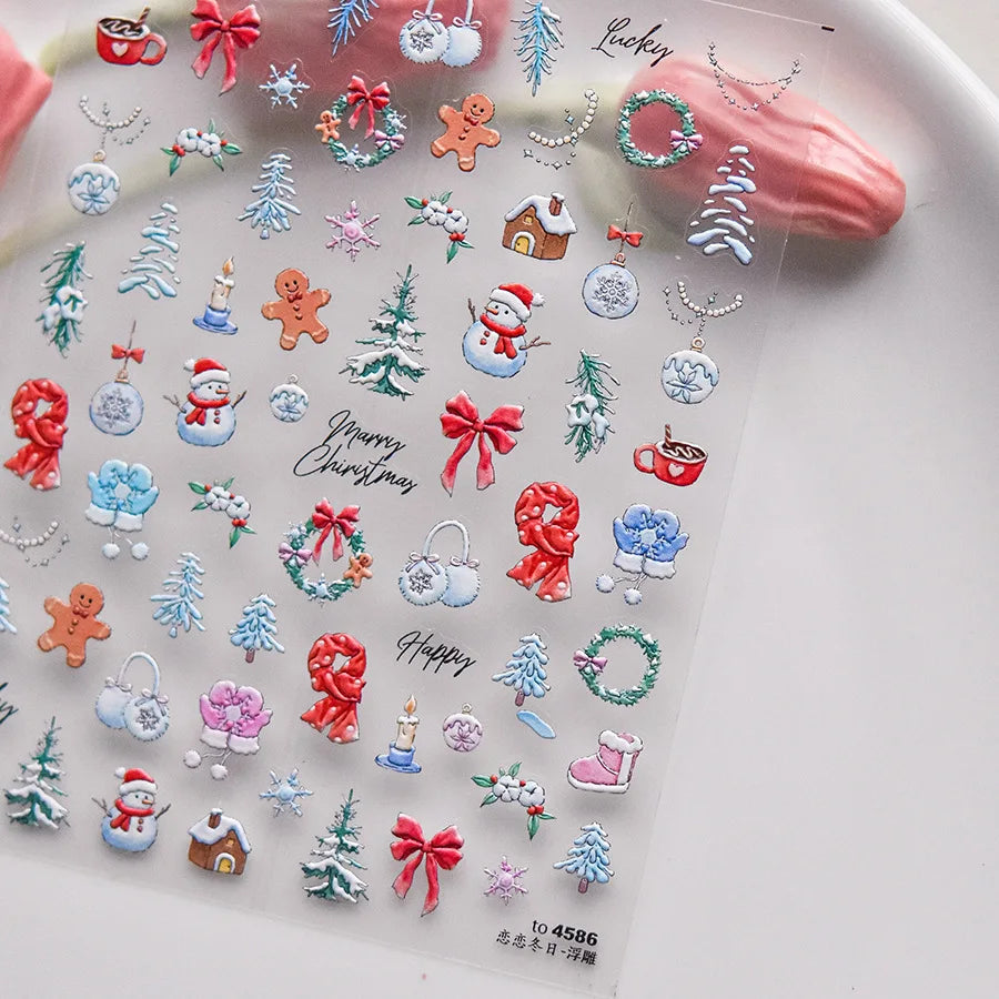 5D Embossed Mini Snowman Snow Nail Decorations Stickers Self Adhesive Nail Stickers Winter Christmas Nail Art Accessories Decals