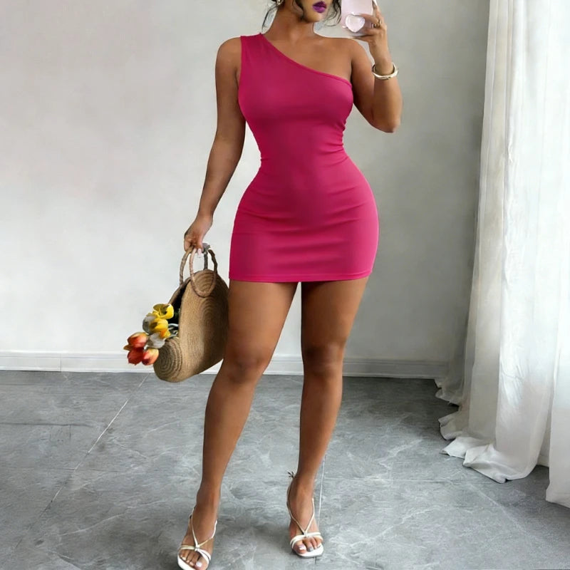 Women's Green One Shoulder Stretchy Knit Mini Dress Ribbed Bodycon Sleeveless Sexy Summer Party Night Club Vacation Dress