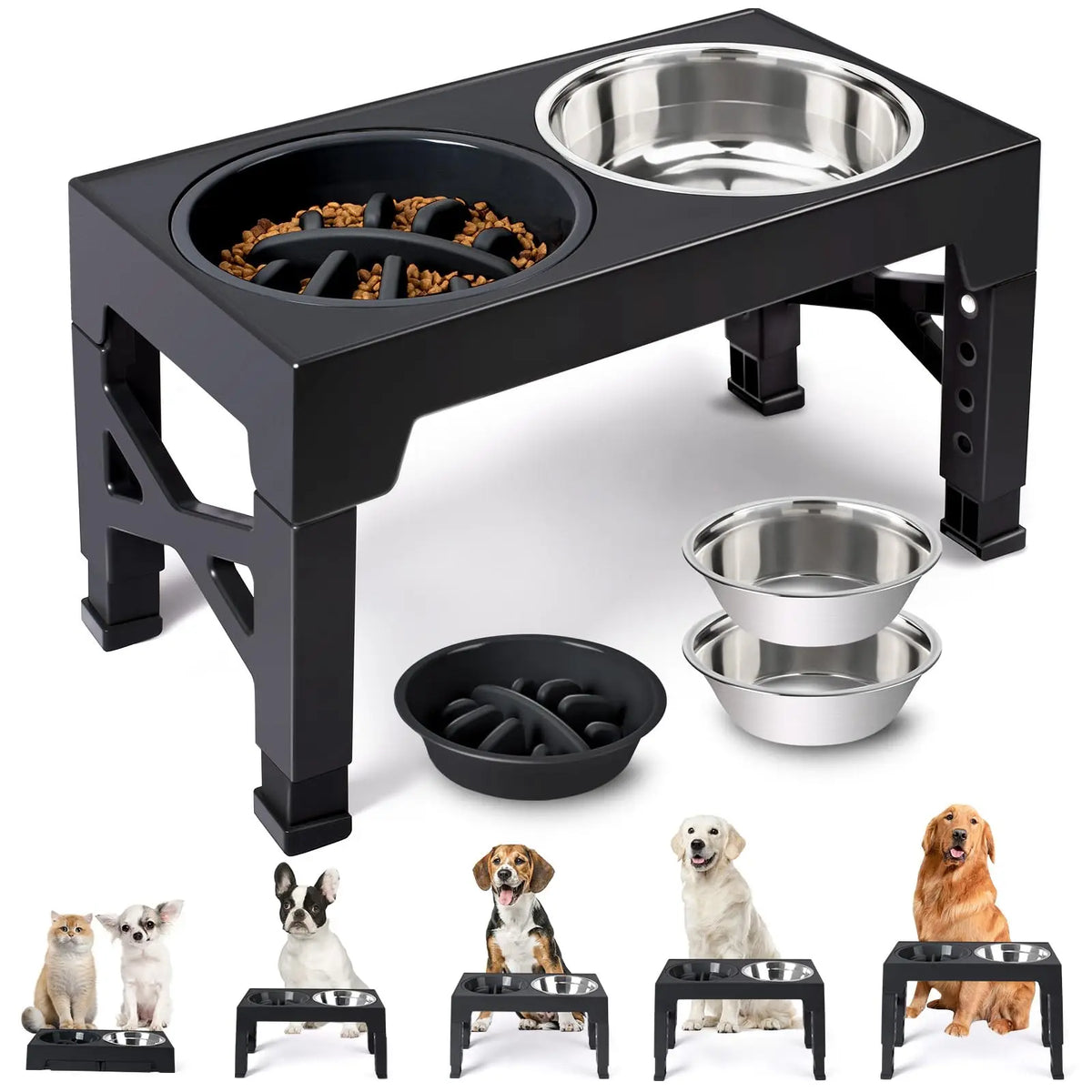 Adjustable Elevated Dog Feeder - Food & Water or Slow Bowl Option