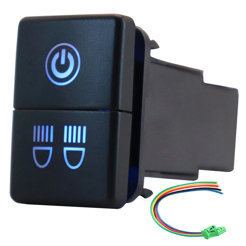 12V Dual Push Button Switch ON-Off Blue/Green Backlit 32.5mm X 22mm for Toyota 4Runner Hilux Prado RAV4, with Connector Wire