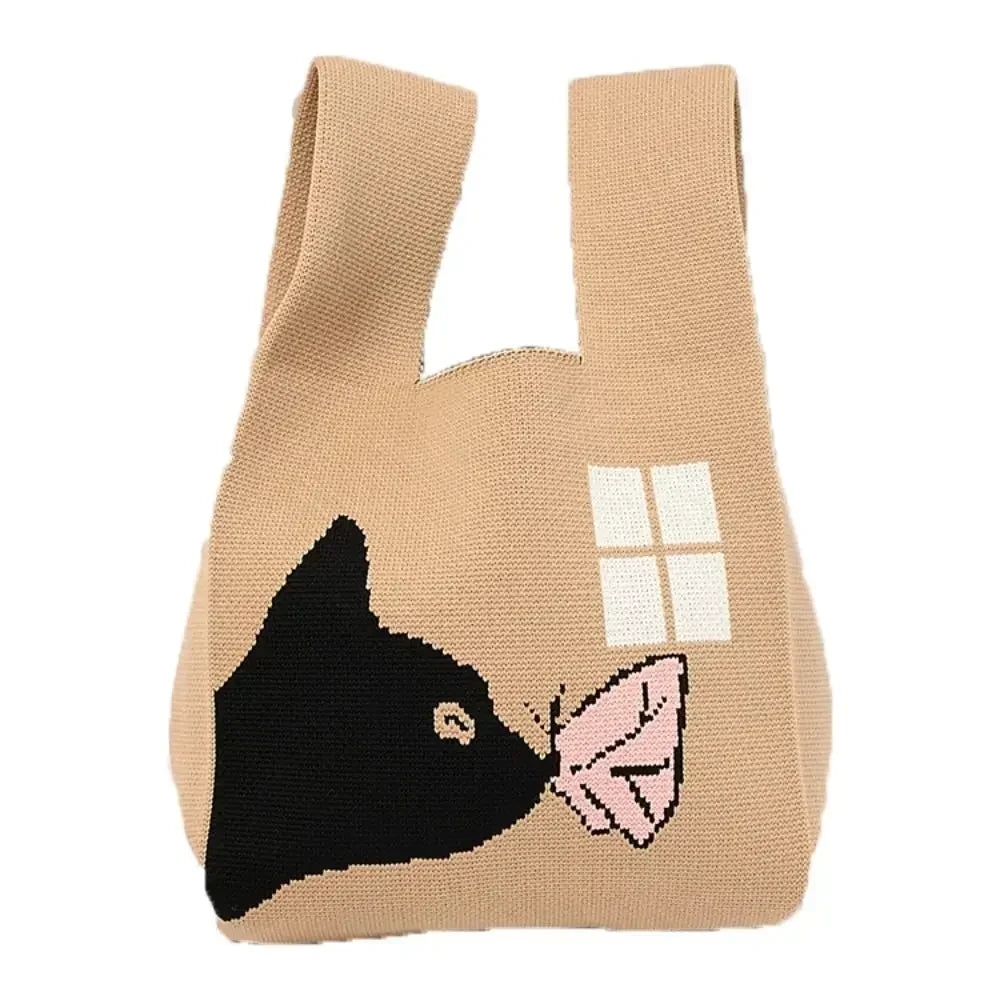 Cat Knit Handbag Fashion Knit Handmade Shopping Bags High-capacity Knot Wrist Bag Girls