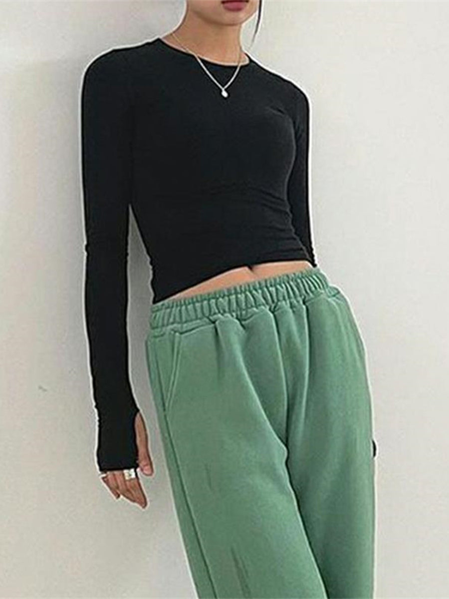 Women Casual Thumb Hole Shirt Trendy  Fit Long Sleeve Round Neck Tops Summer Solid Color Tee