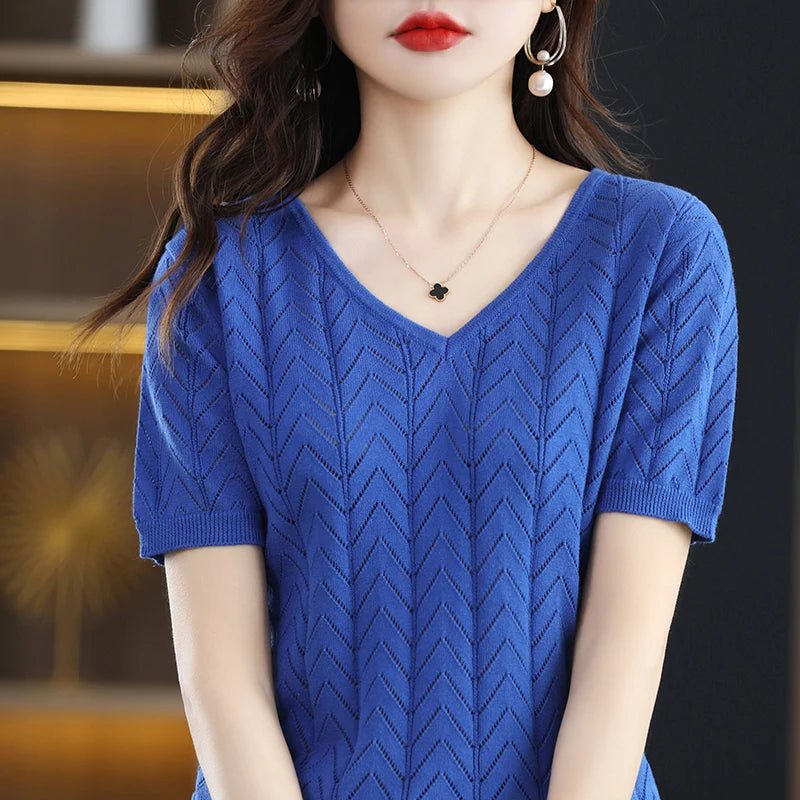 Women's T-shirt Summer New 100% Cotton Pullover Short Sleeve Casual Solid Women's Sweater Loose Fashion V-Neck Top T-shirt