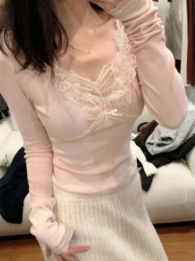 Pink V-neck Lace Edge Spliced Base Shirt Women Autumn Winter Inner Wear Elegant Fit Tops Harajuku Sweet Bow Casual Soft Clothes