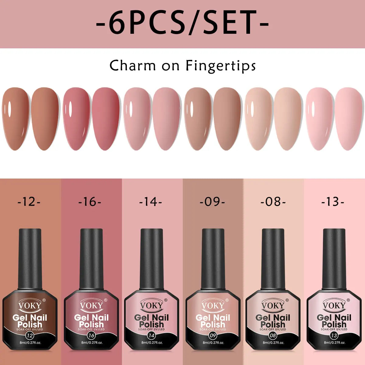 8ml 6-piece gel nail polish set, classic colors, smooth application, shiny effect, no fragrance