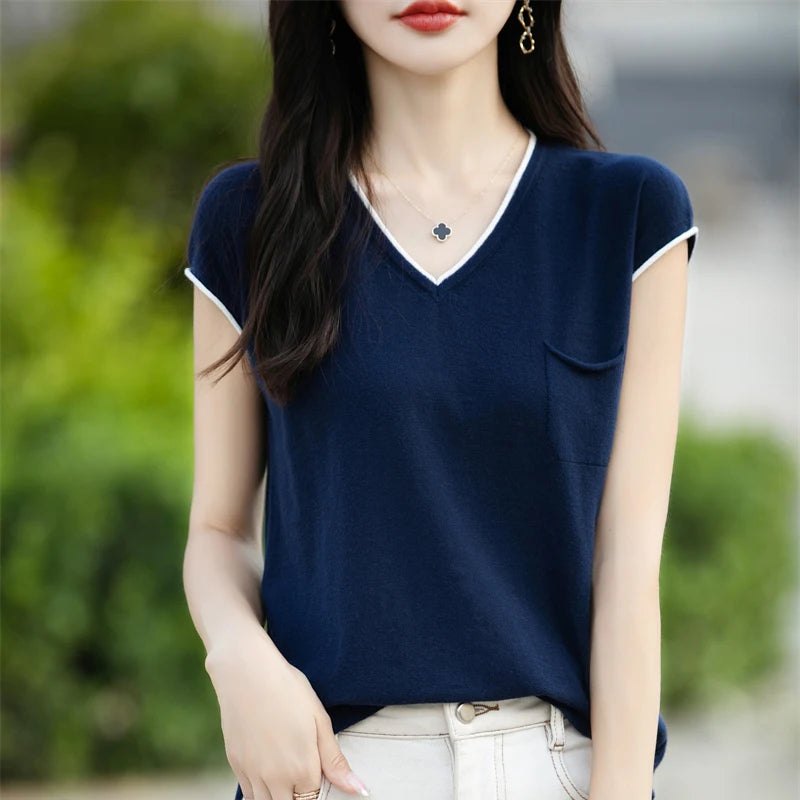 100% pure cotton T-shirt women's knitted patchwork short sleeved casual V-neck Tees summer basic loose Tops versatile pocket