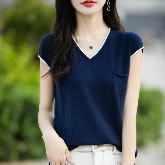 100% pure cotton T-shirt women's knitted patchwork short sleeved casual V-neck Tees summer basic loose Tops versatile pocket