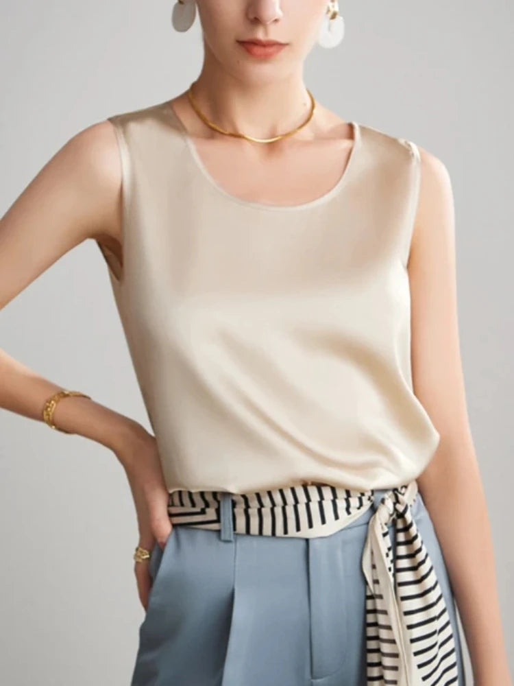 Summer Satin Mulberry Silk Tank Top Casual Versatile Champagne Tops Woman 2026 New Fashion Elegant Vest Loose Sleeveless T-shirt