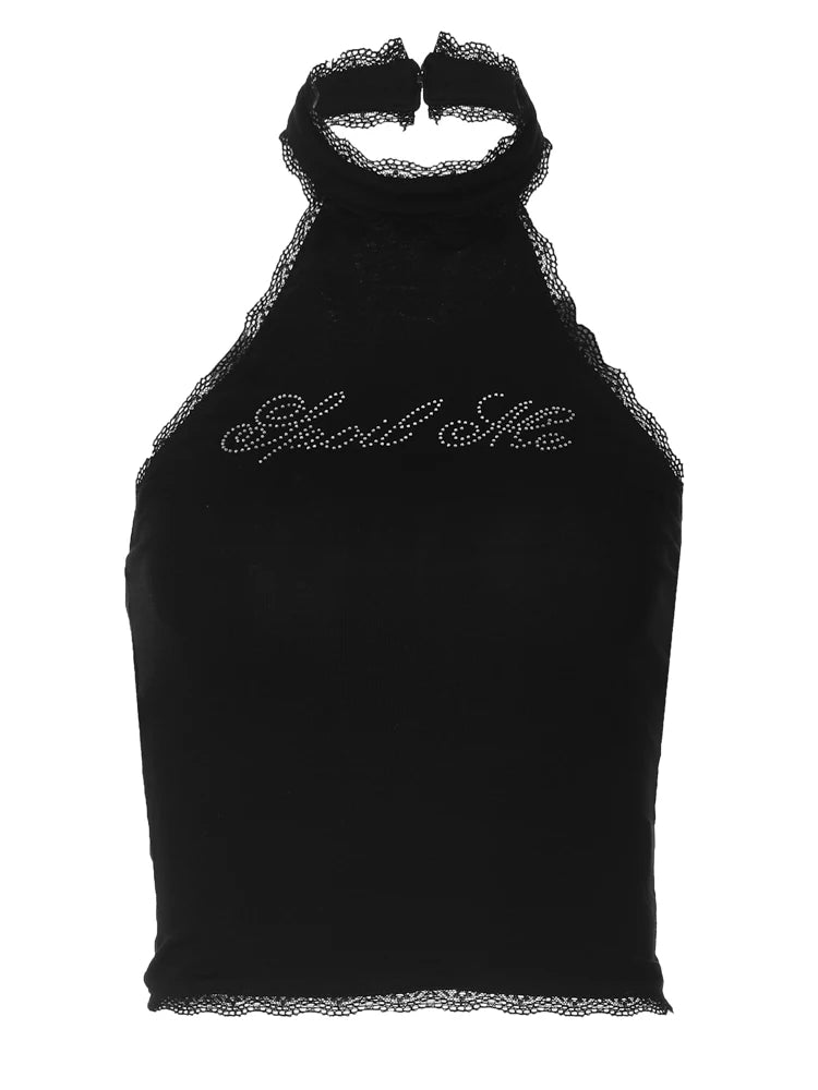 Dulzura Halter Sleeveless Crop Top Vest 2026 Summer Women Lace Patchwork Sexy Rhinestones Y2K Vintage Elegant Club