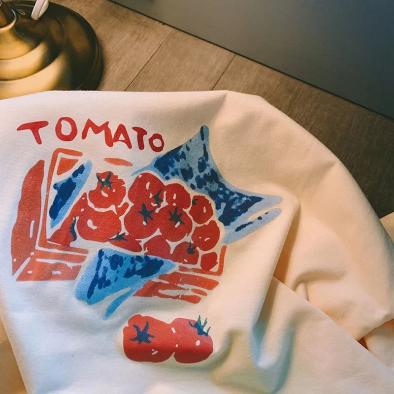 Vintage Tomato Style Sun and Handprint Women's T-Shirt Casual Loose Short Sleeve Top Aesthetic Zodiac Cute Fashion T-Shirt Y2K