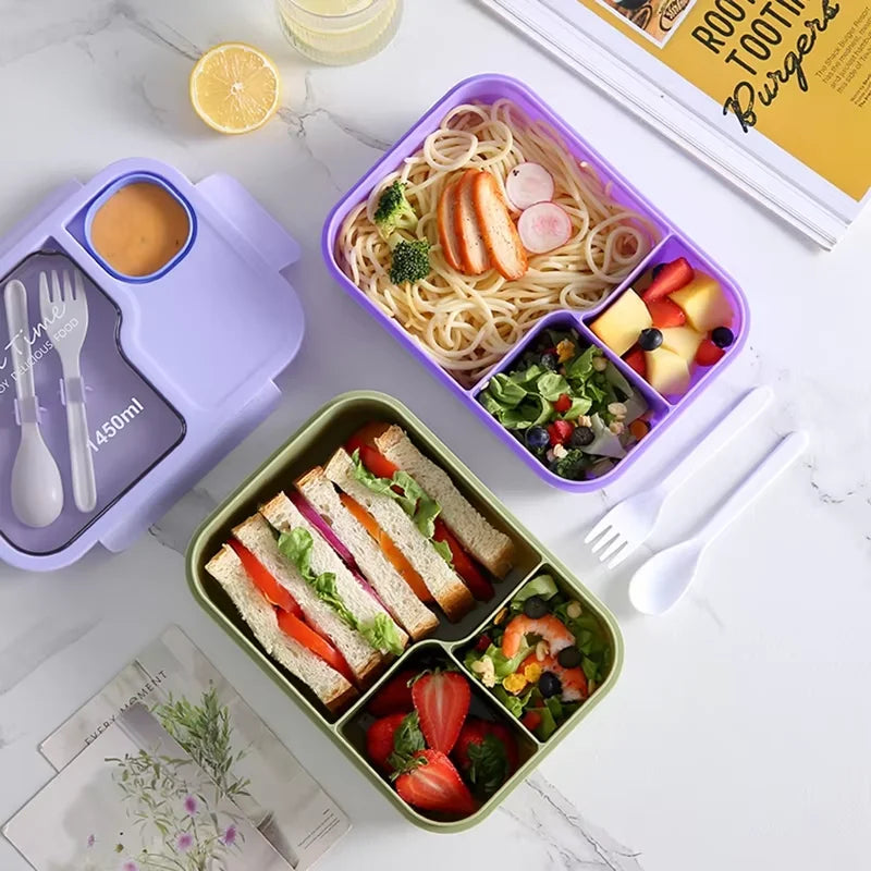 Kids Microwavable Bento Box - 1450ml 3 Grid Lunch Box with Cutlery - photo 4
