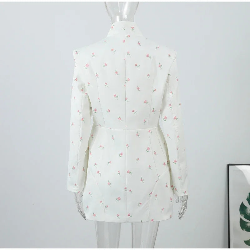 Women Cross Collar Floral Jacket Coats Stand Neck Waist Cinching Single Breasted Pad Shoulder Coats Lady Spring Chic Outwear Top